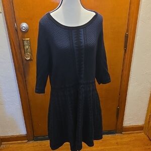 Nina Leonard Navy Geometric Long Sleeve Dress